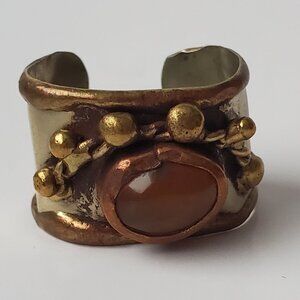 Vintage Handmade Metal Cuff Ring Unisex Mixed Metal Colours Oval Cabochon Stone